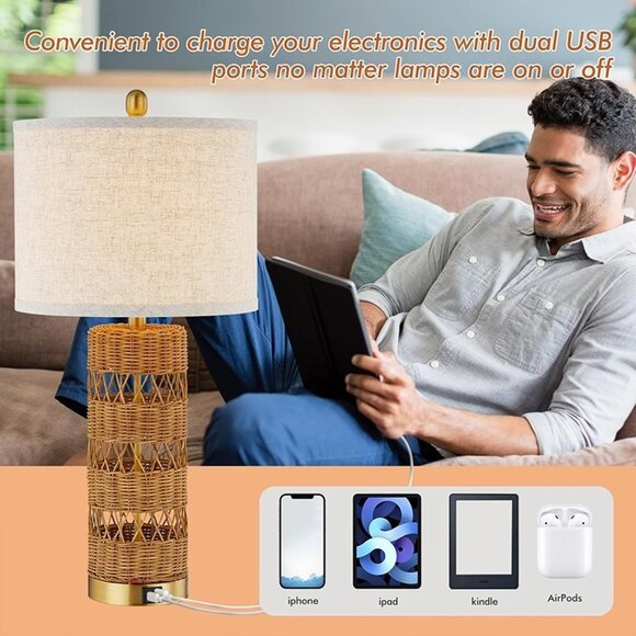 NEW Set of 2  Rattan Decorative 28" Table Lamps with E26 Socket&Rotary Switch, - Picture 7 of 9